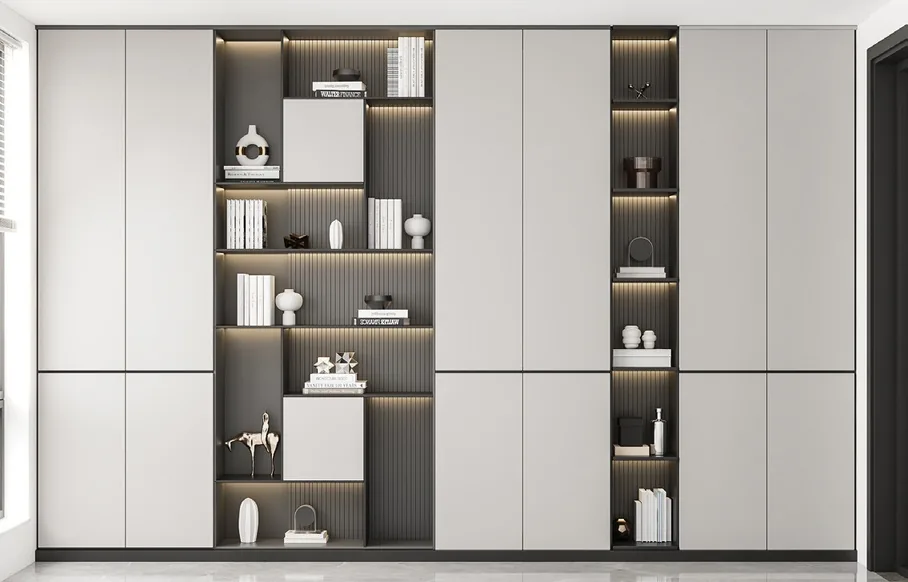 Reach-in wardrobe with glass-front cabinetry, Kapolei showroom display