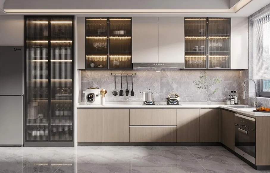 Custom kitchen cabinets featuring walnut accents and soft-close drawers, Oahu custom installation
