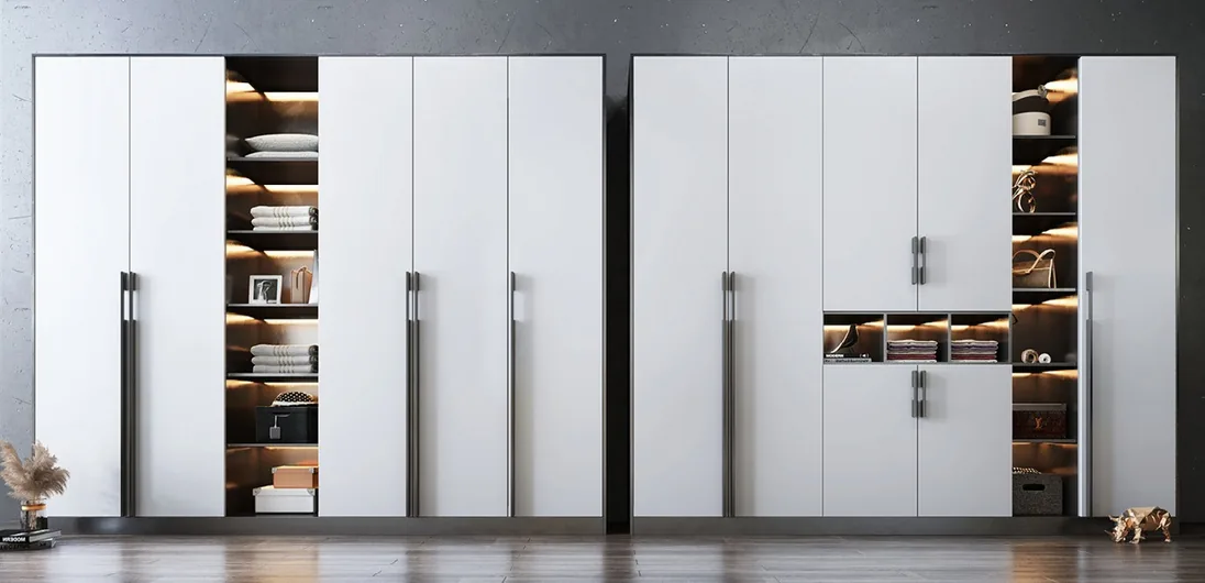 Floor-to-ceiling closet system featuring full-height mirrored doors, Oahu showroom
