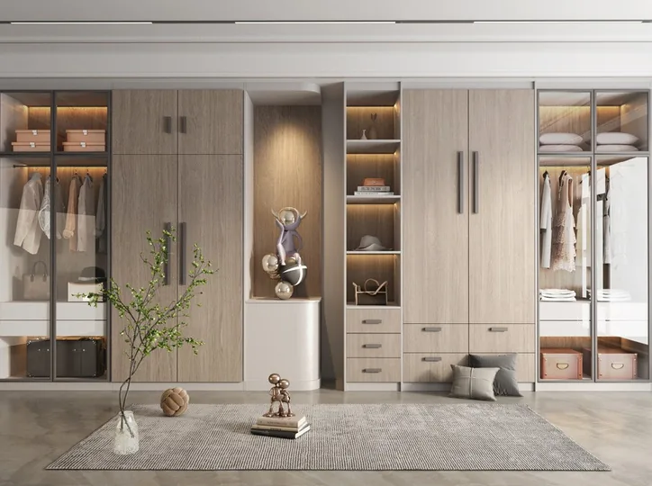 Custom bedroom storage with matte and wood-grain finishes, Kapolei showroom display