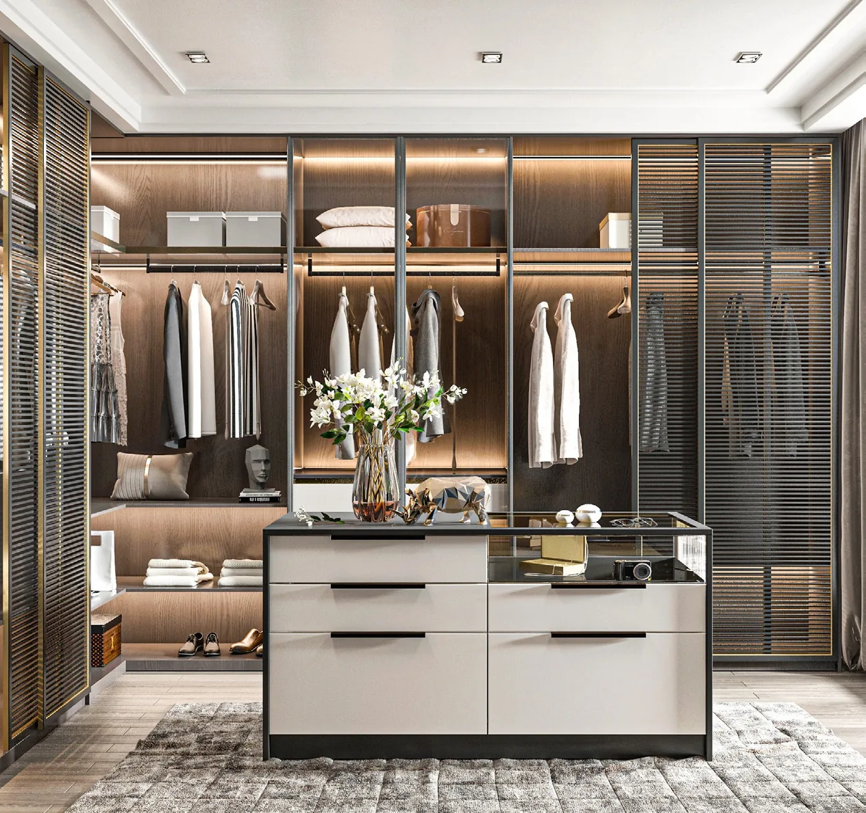 Luxury walk-in closet with open shelving and shoe storage, Honolulu home