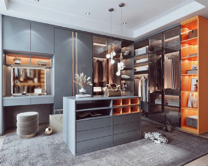 Custom bedroom storage with matte and wood-grain finishes, Kapolei showroom display