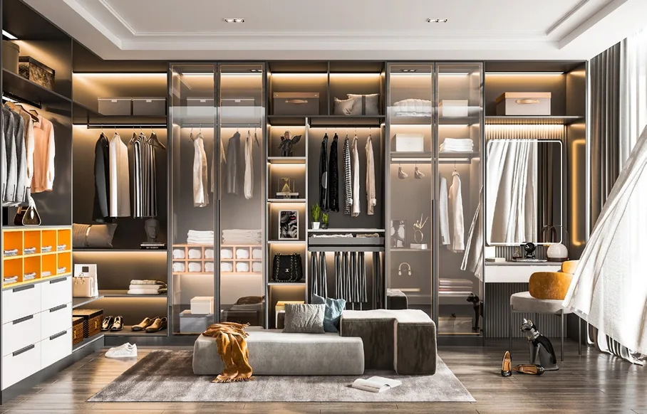 Custom walk-in closet with built-in shelving and drawers, Oahu showroom