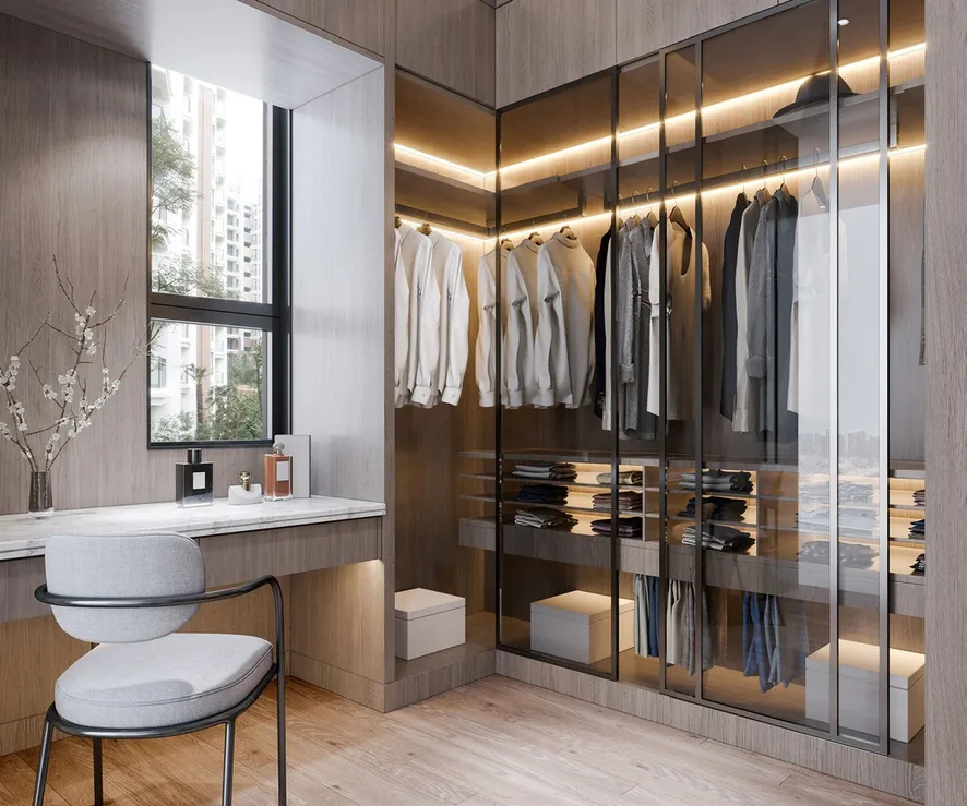 Sliding-door closet system with integrated LED lighting, Hawaii residence