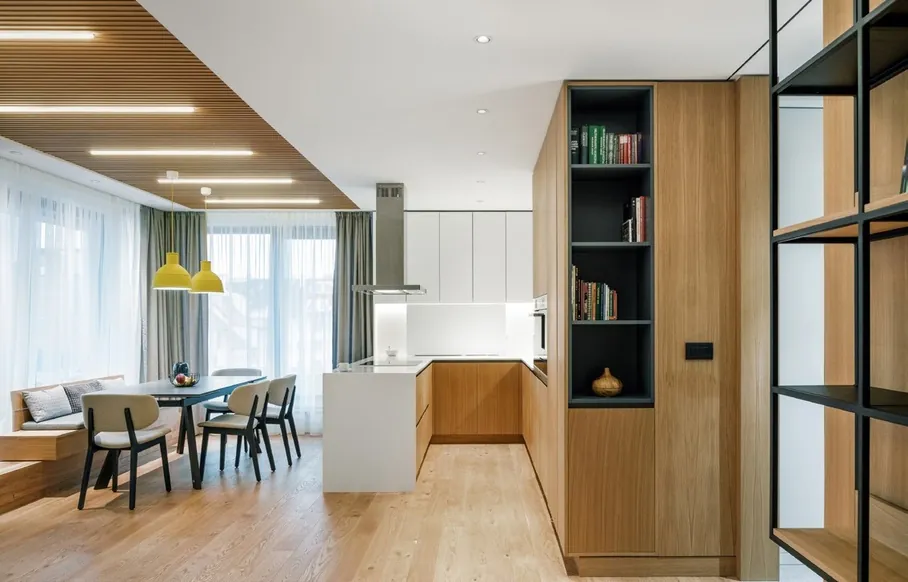 Two-tone kitchen cabinets with built-in wine storage and display shelving, Kapolei showroom display