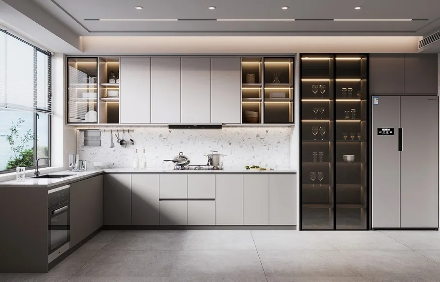 Contemporary kitchen design featuring a stone backsplash and matte finishes, Kapolei showroom display