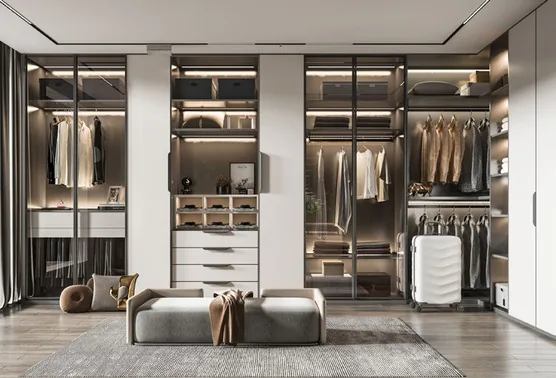 Reach-in wardrobe with glass-front cabinetry, Kapolei showroom display