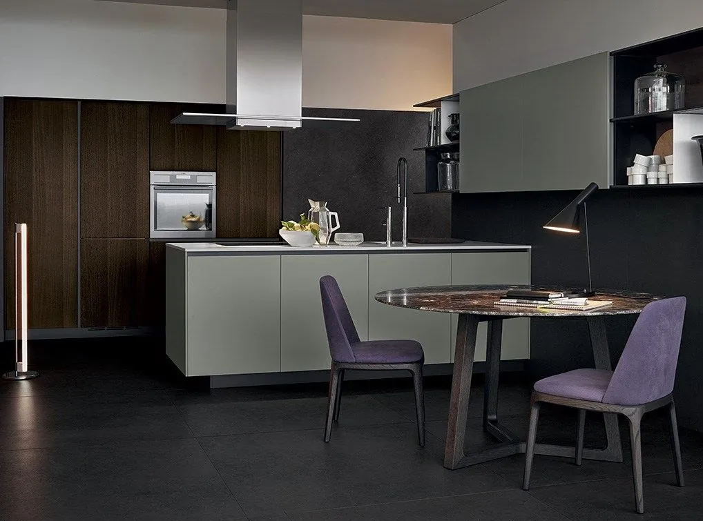 Modern custom kitchen with quartz waterfall island and integrated appliances, Oahu showroom