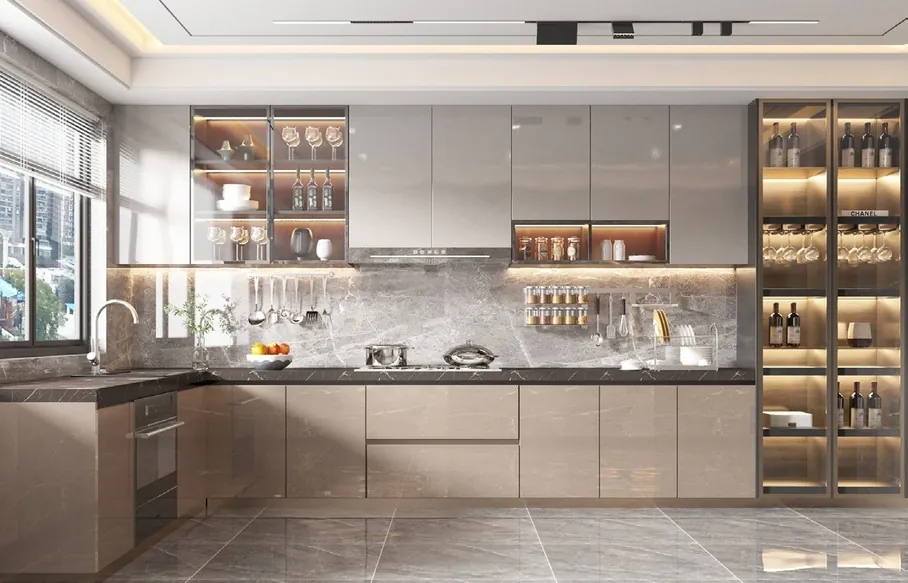 Island kitchen design with breakfast bar seating and pendant lighting, Oahu showroom