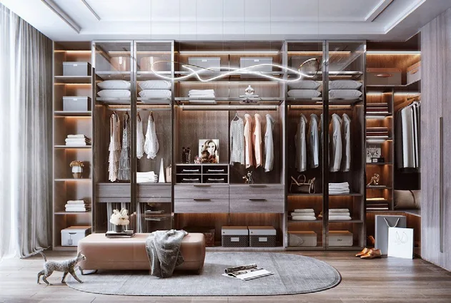 Luxury walk-in closet with open shelving and shoe storage, Honolulu home