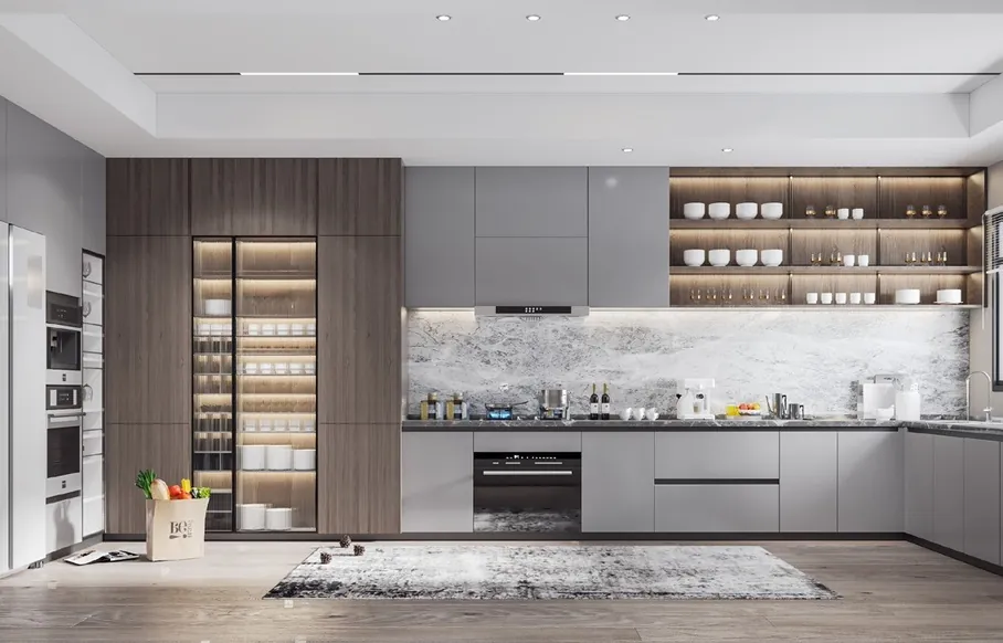Contemporary kitchen design featuring a stone backsplash and matte finishes, Kapolei showroom display
