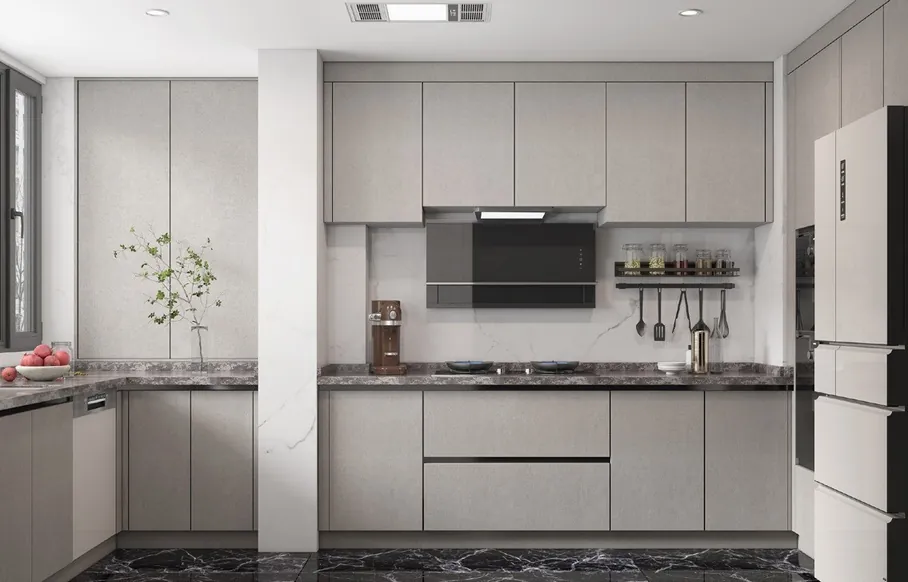 Light grey kitchen with integrated hood Light grey kitchen with stone countertops — Honolulu