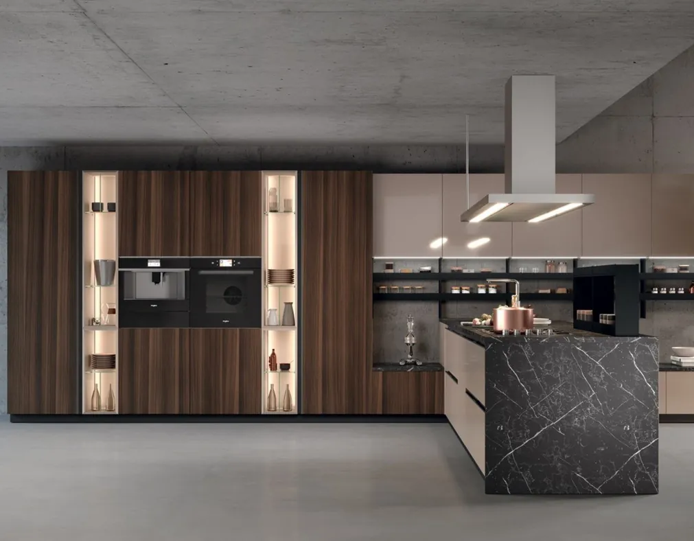 Two-tone kitchen cabinets with built-in wine storage and display shelving, Kapolei showroom display