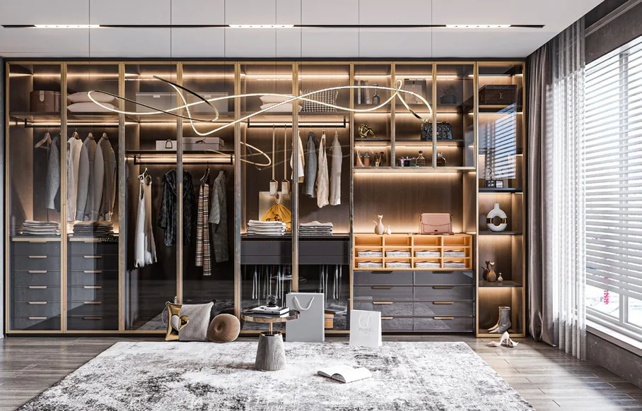 Sliding-door closet system with integrated LED lighting, Hawaii residence
