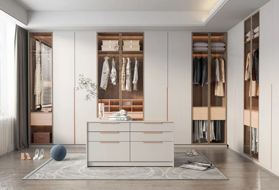 Reach-in wardrobe with glass-front cabinetry, Kapolei showroom display