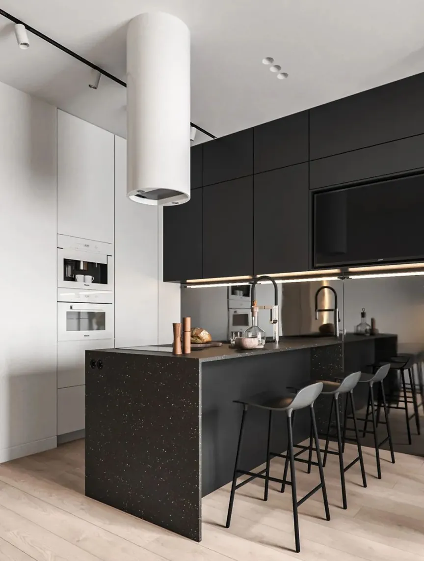 Minimalist kitchen design with porcelain countertops and tall storage walls, Hawaii residence
