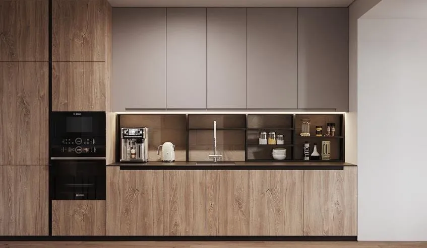 Handleless modern kitchen featuring slab-front cabinetry and under-cabinet LED lighting, Oahu custom installation