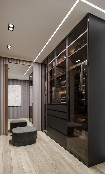 Custom bedroom storage with matte and wood-grain finishes, Kapolei showroom display