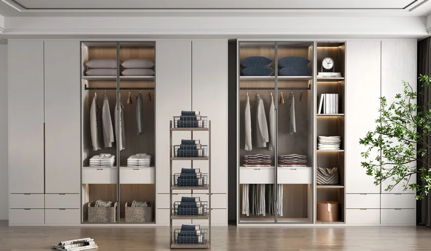 Custom walk-in closet with built-in shelving and drawers, Oahu showroom
