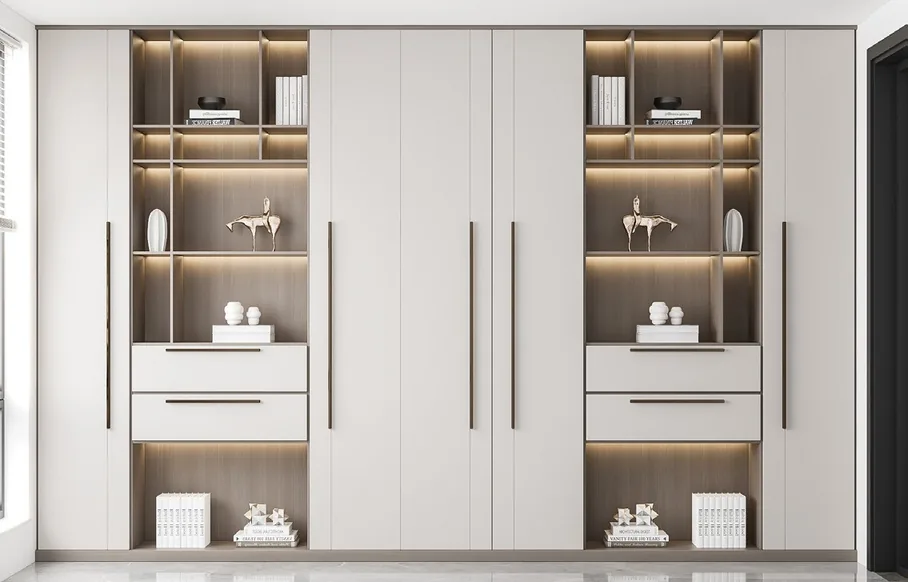 Built-in bedroom wardrobe with custom drawer dividers and jewelry trays, Oahu custom installation