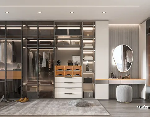 Custom walk-in closet with built-in shelving and drawers, Oahu showroom
