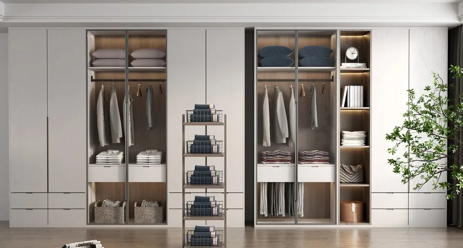 Custom bedroom storage with matte and wood-grain finishes, Kapolei showroom display