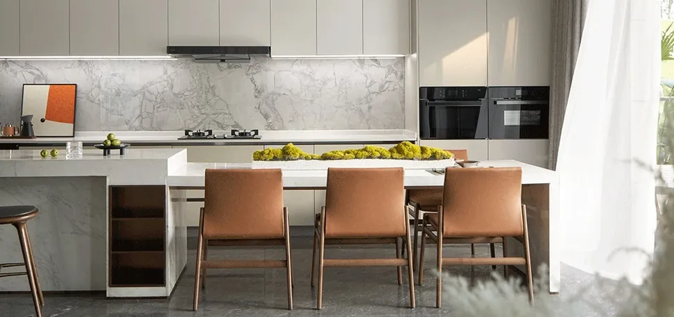 Transitional Hawaii kitchen featuring a marble-look backsplash and integrated dining, Honolulu home
