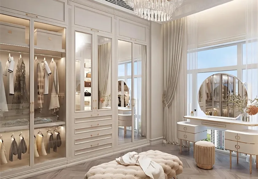 Modern wardrobe design featuring soft-close drawers and hanging rods, Oahu custom installation