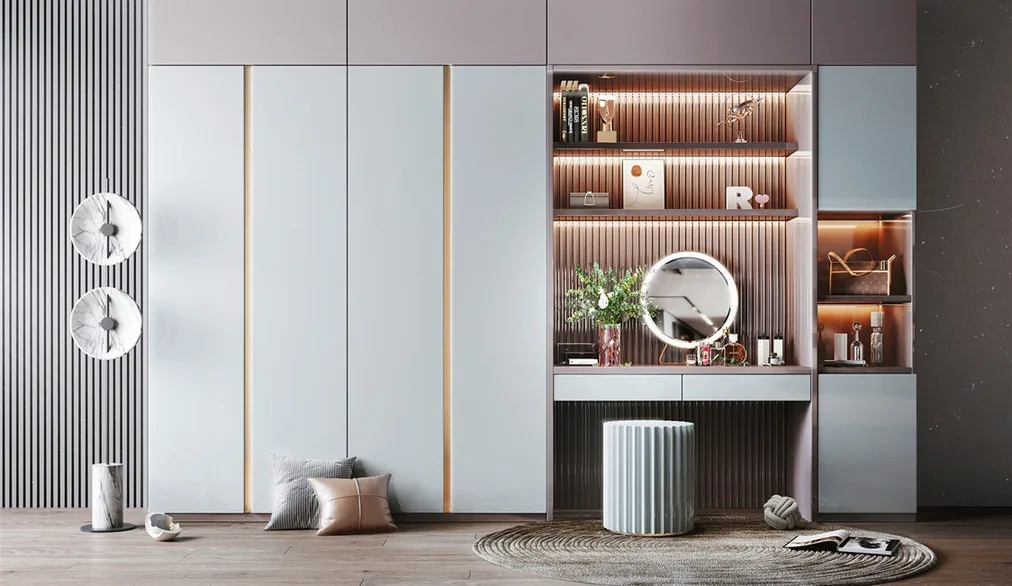 Custom bedroom storage with matte and wood-grain finishes, Kapolei showroom display