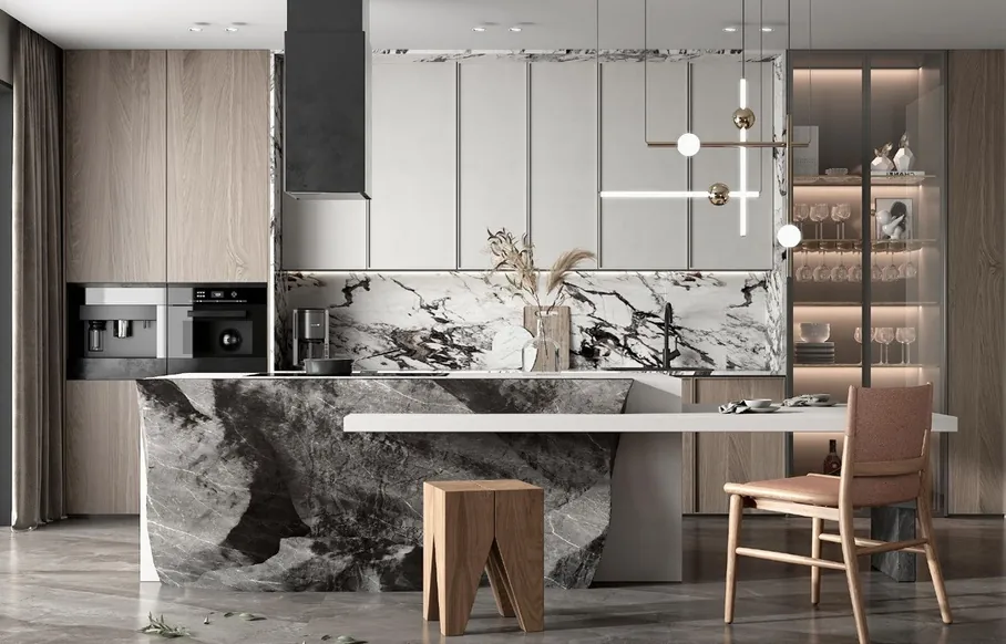 Modern custom kitchen with quartz waterfall island and integrated appliances, Oahu showroom