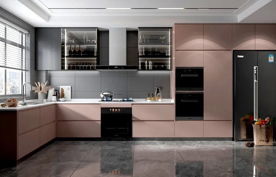 Custom kitchen cabinets featuring walnut accents and soft-close drawers, Oahu custom installation