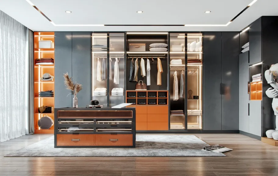 Walk-in dressing room featuring pull-out racks and hampers, Honolulu home