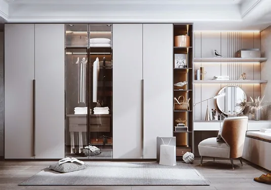 Custom bedroom storage with matte and wood-grain finishes, Kapolei showroom display