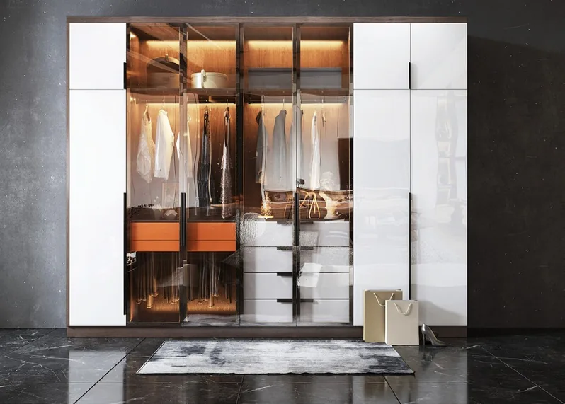 Reach-in wardrobe with glass-front cabinetry, Kapolei showroom display