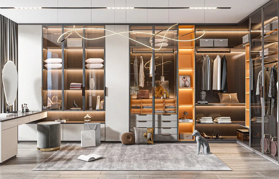 Reach-in wardrobe with glass-front cabinetry, Kapolei showroom display
