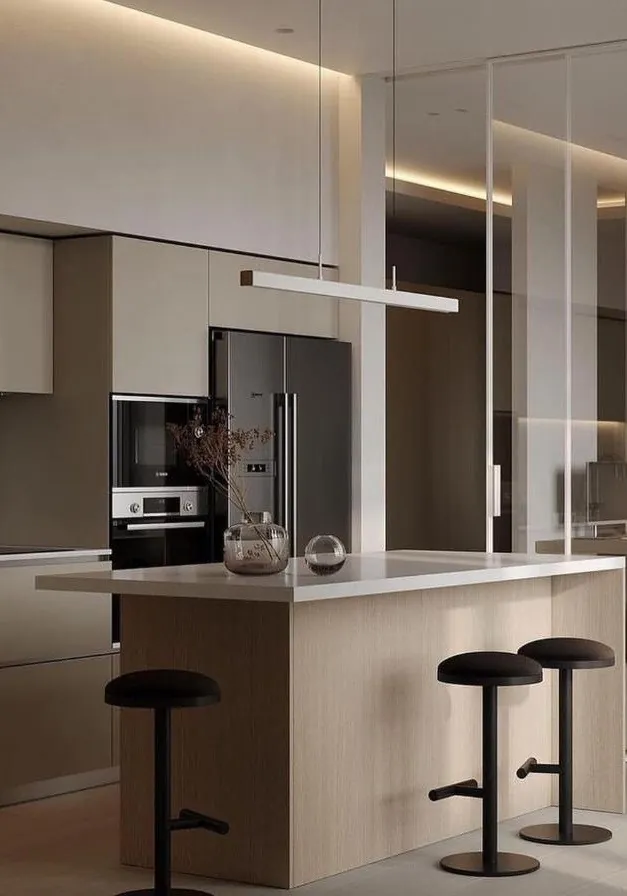 Handleless modern kitchen featuring slab-front cabinetry and under-cabinet LED lighting, Oahu custom installation