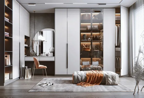 Closet organization system with island and seated dressing area, Hawaii residence