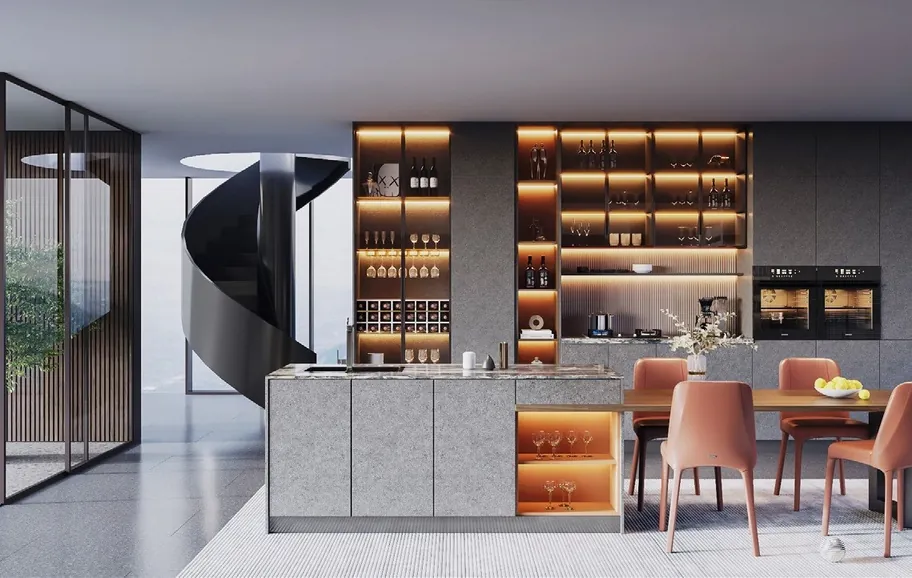 Contemporary kitchen design featuring a stone backsplash and matte finishes, Kapolei showroom display