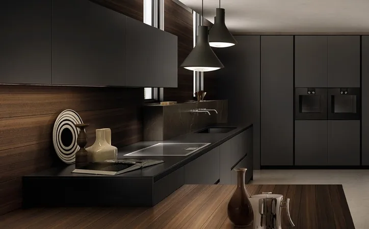 Two-tone kitchen cabinets with built-in wine storage and display shelving, Kapolei showroom display