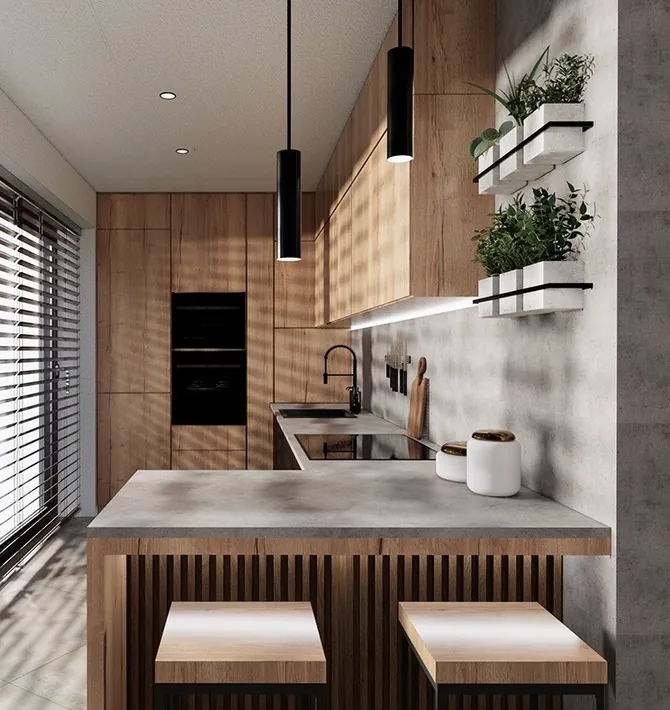 Two-tone kitchen cabinets with built-in wine storage and display shelving, Kapolei showroom display