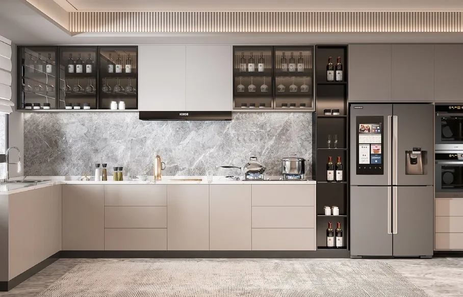 Handleless modern kitchen featuring slab-front cabinetry and under-cabinet LED lighting, Oahu custom installation