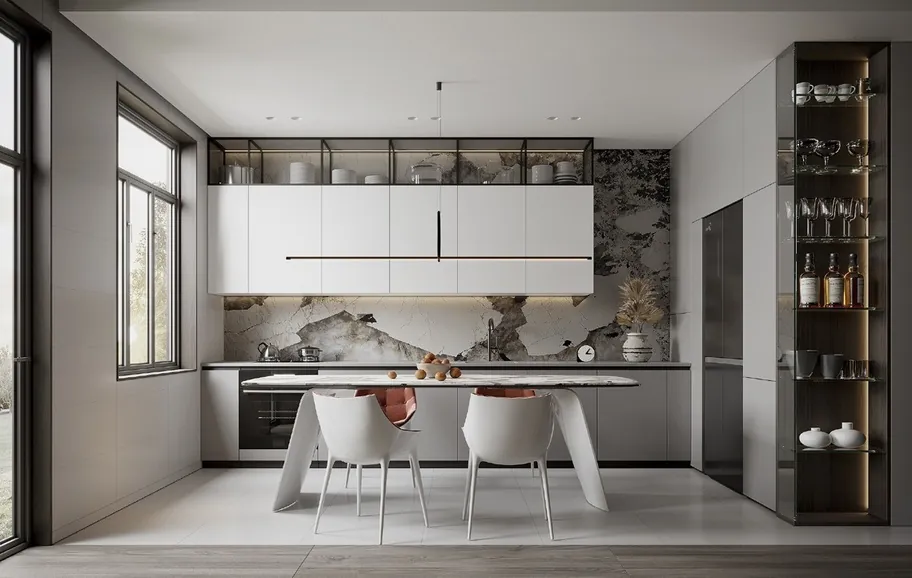 Minimalist kitchen design with porcelain countertops and tall storage walls, Hawaii residence