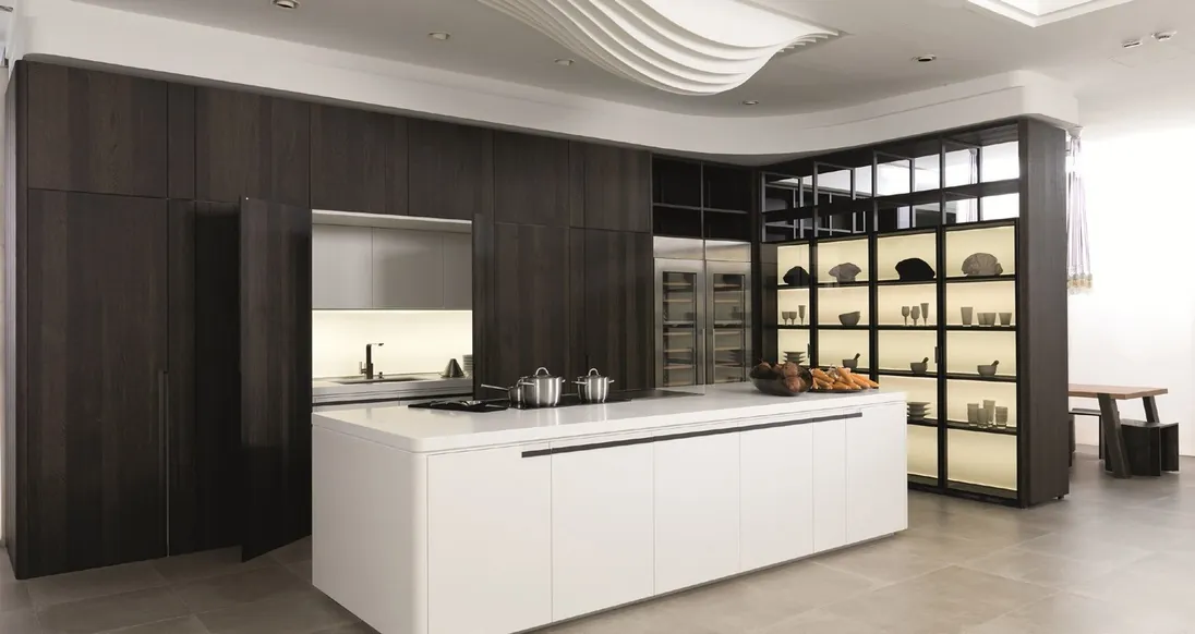 Contemporary kitchen design featuring a stone backsplash and matte finishes, Kapolei showroom display