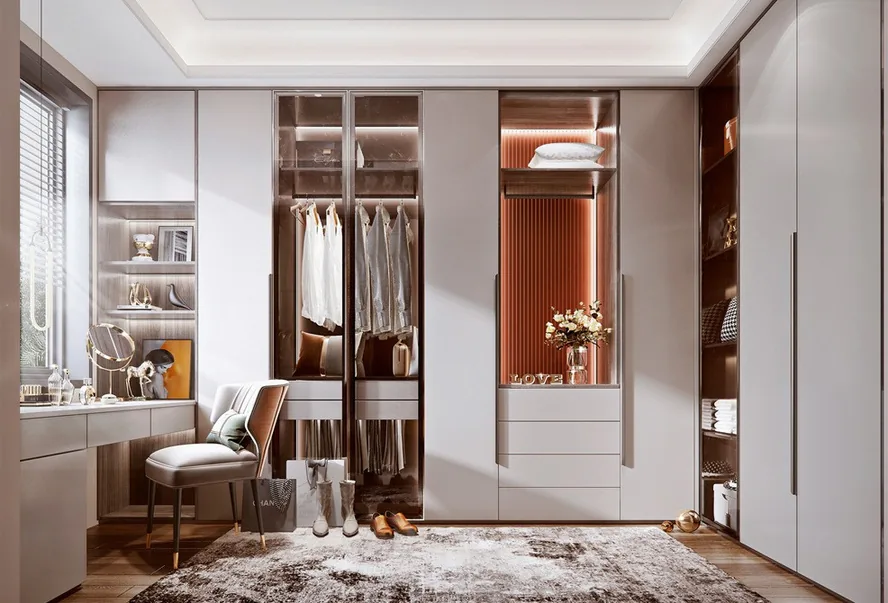 Custom walk-in closet with built-in shelving and drawers, Oahu showroom