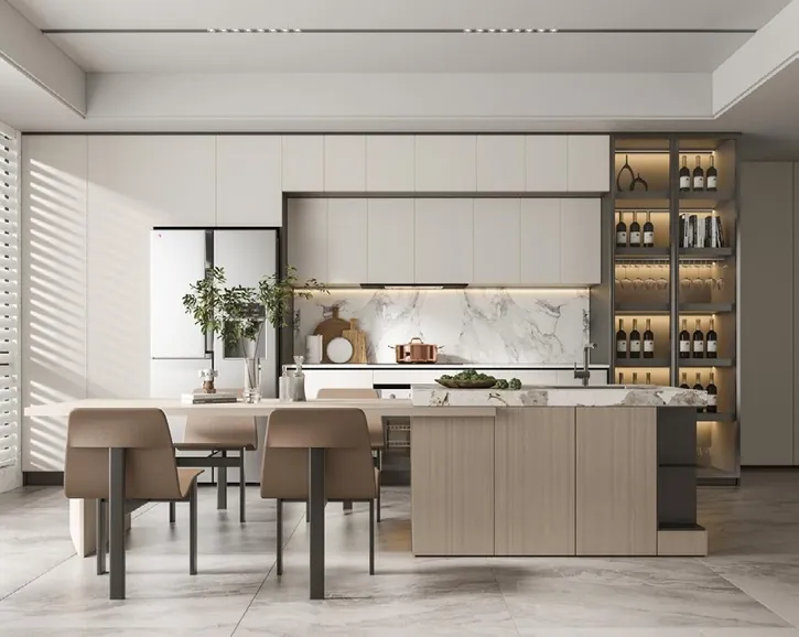 Transitional Hawaii kitchen featuring a marble-look backsplash and integrated dining, Honolulu home
