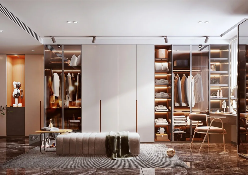 Custom walk-in closet with built-in shelving and drawers, Oahu showroom