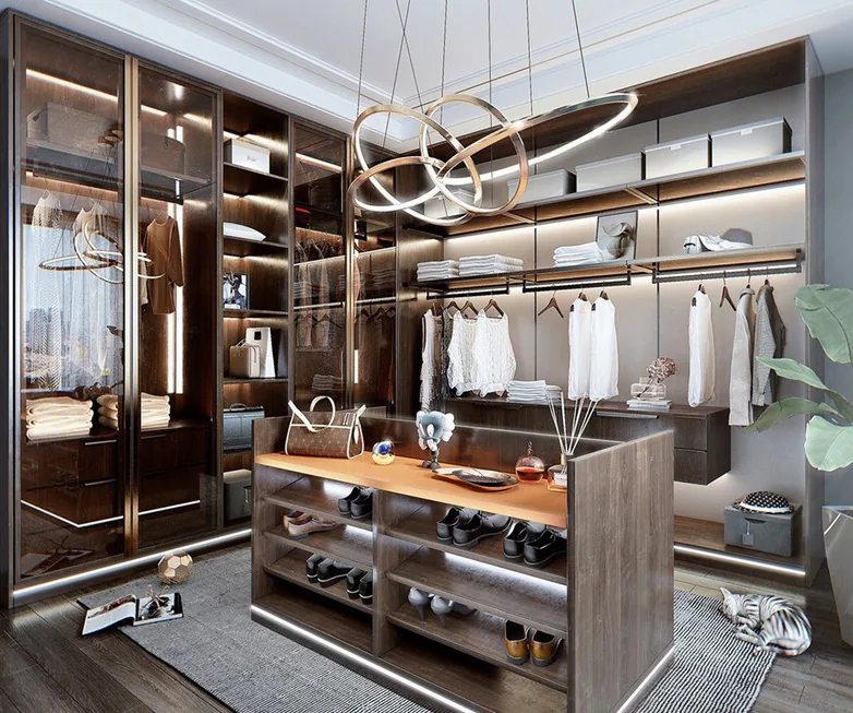 Floor-to-ceiling closet system featuring full-height mirrored doors, Oahu showroom