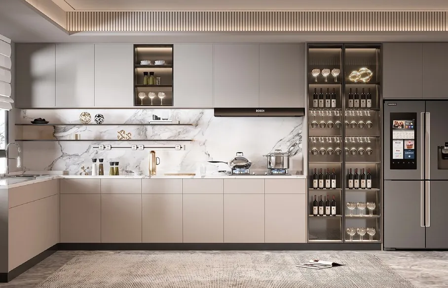 Island kitchen design with breakfast bar seating and pendant lighting, Oahu showroom