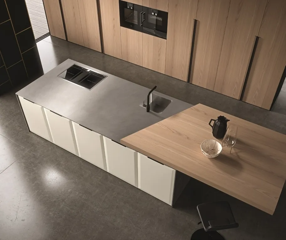 Two-tone kitchen cabinets with built-in wine storage and display shelving, Kapolei showroom display