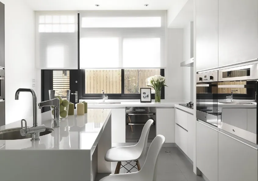 Two-tone kitchen cabinets with built-in wine storage and display shelving, Kapolei showroom display